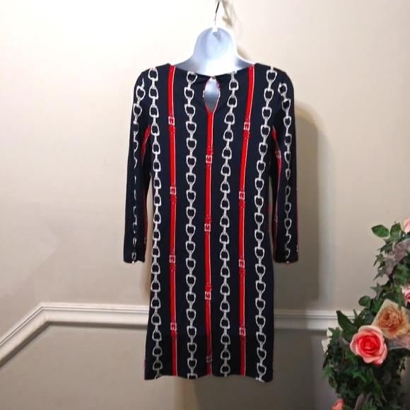 Juicy Couture 2012 English Snaffle Red & Navy Equestrian Print Silk Sheath Dress - Picture 7 of 11